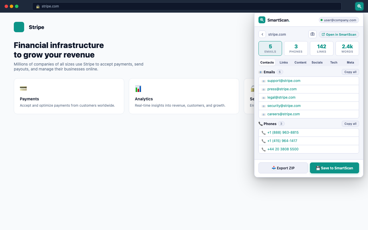 SmartScan extension popup showing emails and phones extracted from stripe.com